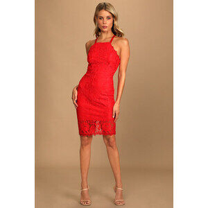 Lulus Wishful Wanderings Red Lace Bodycon Midi Dress - Size M